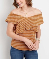 Maurices Brown Stripe Ruffle Off-Shoulder Top - Women S
