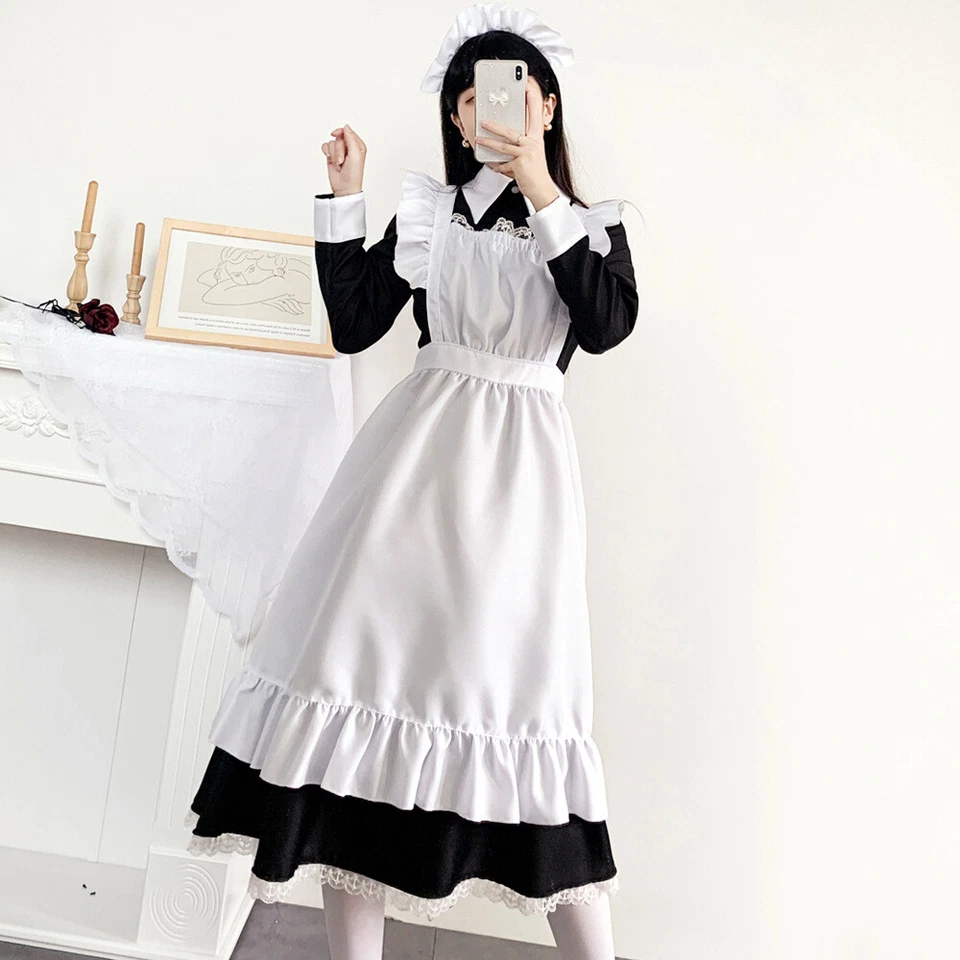 Disfraz de criada Cosplay Lolita Café Uniforme Largo Criada Blanco Negro Vestido Criada Cos Foto 3 de 4