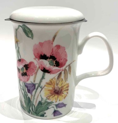 Mohn pink Roy Kirkham Teetasse mit Sieb und Deckel Fine Bone China