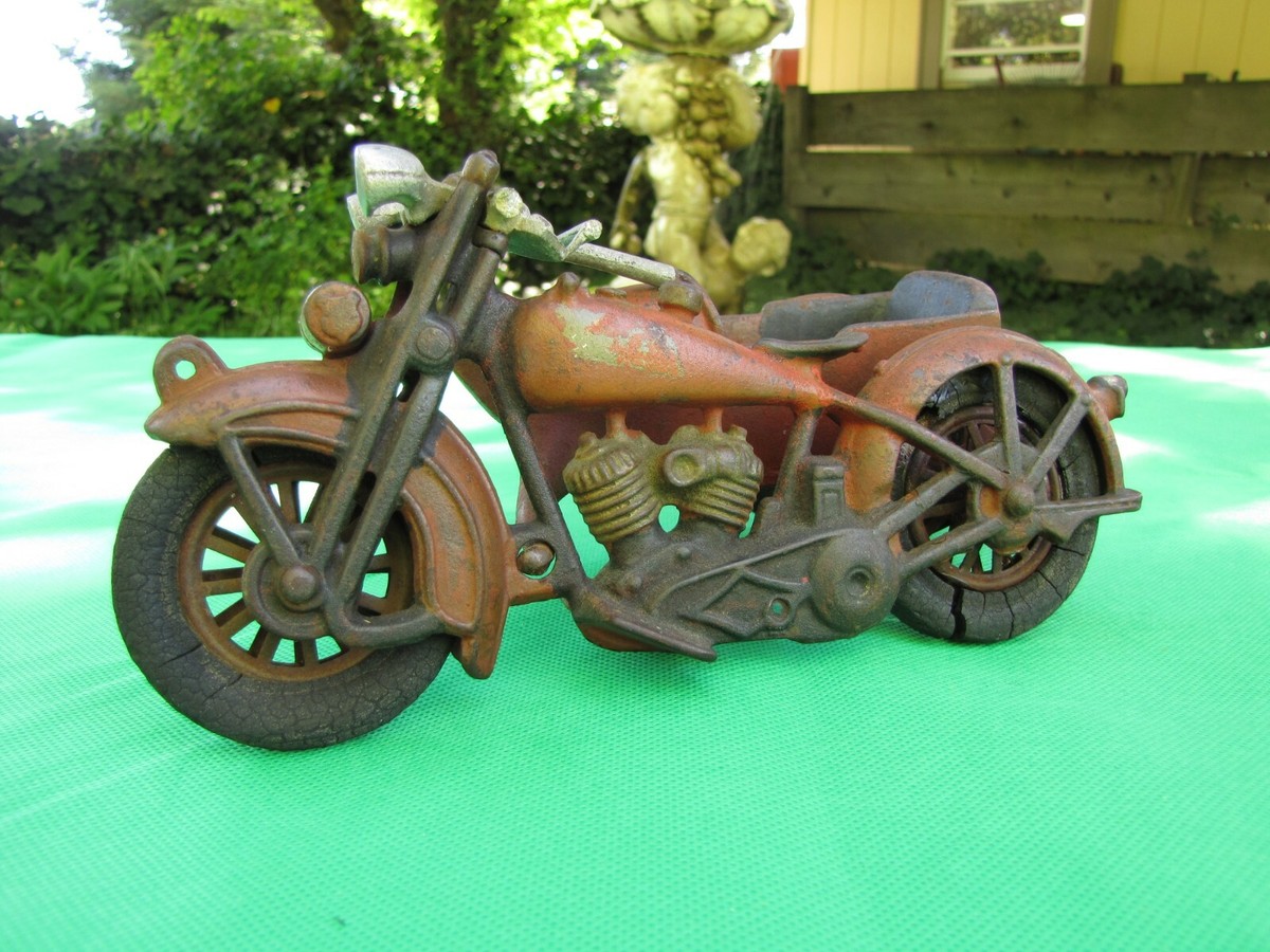Vintage Hubley Cast Iron Motorcycle With Sidecar Toy With Rare