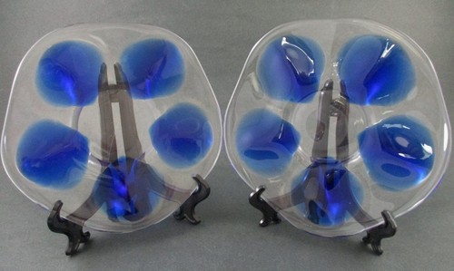 Pair Vintage COBALT Blue Art Glass OYSTER PLATES - Signed: LALIQUE, France