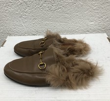 Gucci Brown Princetown Leather Fur Horsebit Mules Size EU36 US6 D70B