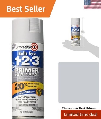 Bulls Eye 1-2-3 Spray Primer 13 oz - All-Surface, Stain Resistant, Quick Dry