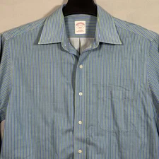 Brooks Brothers Dress Shirt Men's 15-2/3 Blue w/Green Stripes Non -Iron