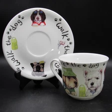 Roy Kirkham Breakfast Cup & Saucer, 16 oz, Animal Fashions: Walk the Dog, 2003