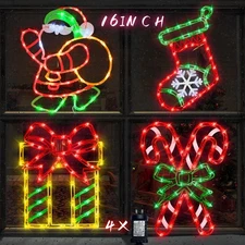 16" Christmas Window Silhouette Lights - 4 Pack Colour Lighted Christmas Stoc...