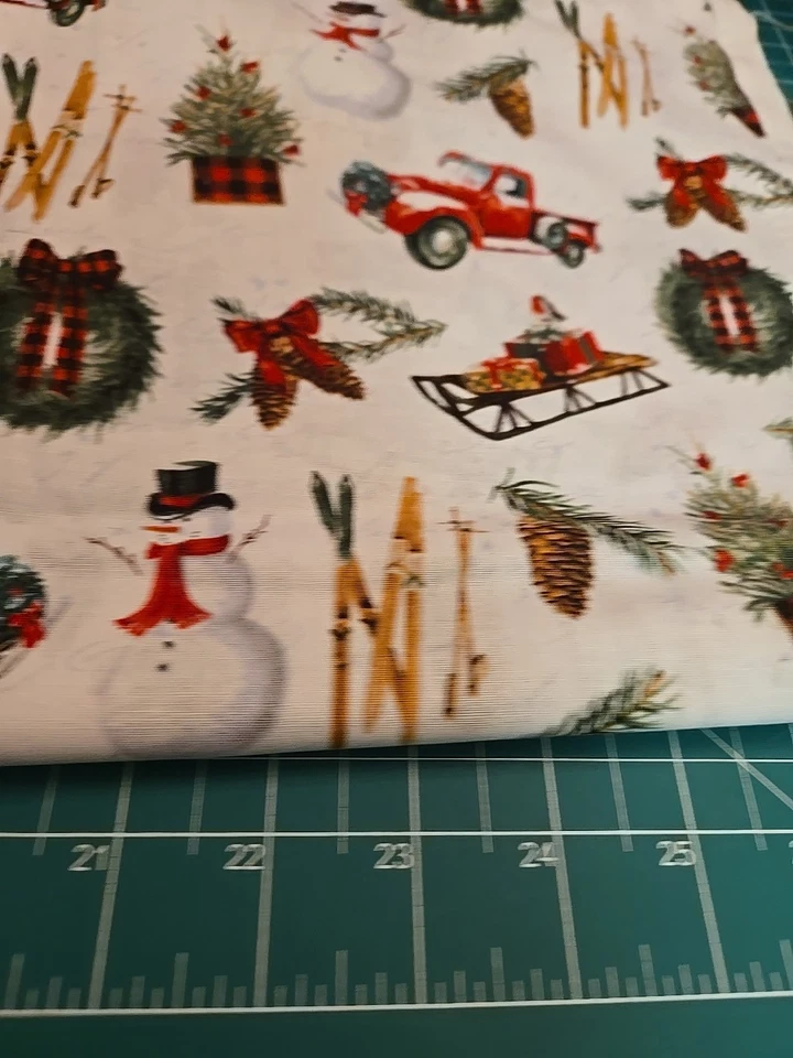 1,5 yardas Navidad Invierno Vacaciones Muñeco de Nieve Camión Rojo Piña Granja Tela de Algodón Foto 3 de 4