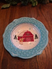 The Pioneer Woman Christmas Cheerful Rose Rimmed Bowl 9.25” Cow Barn Teal