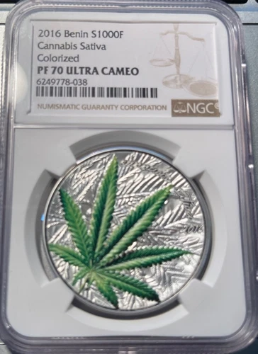2016 Benin Cannabis Sativa Colorized 1 oz Silver 1000F NGC PF 70