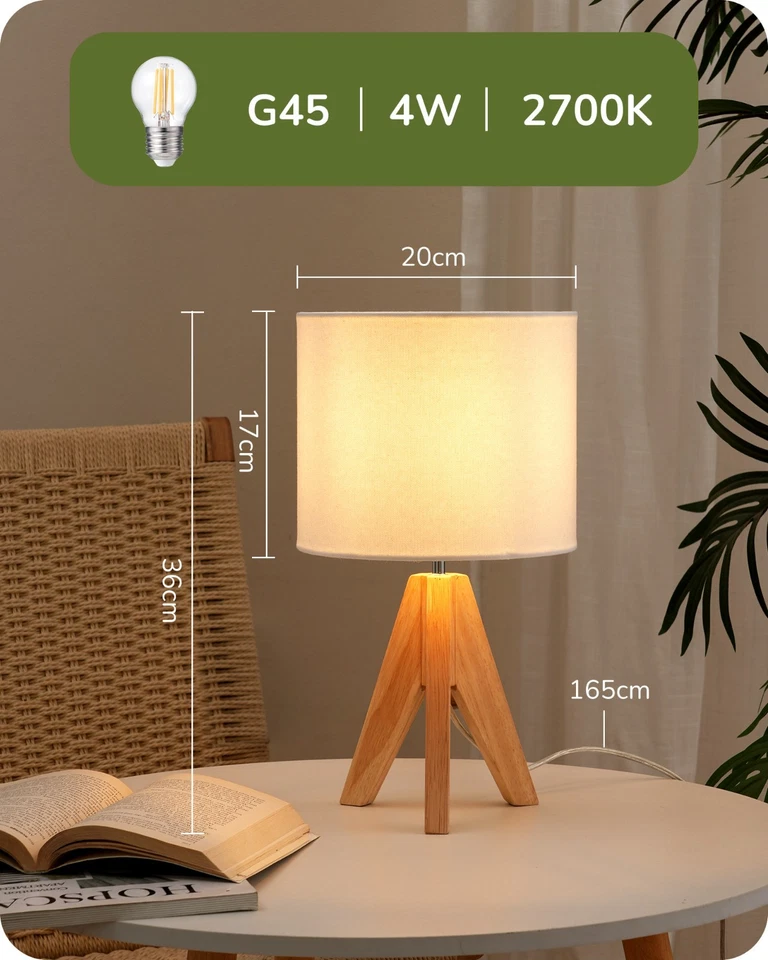 EDISHINE Nachttischlampe aus Holz, Stativ Tischlampe vintage weißer Lampenschirm - Bild 4 von 4