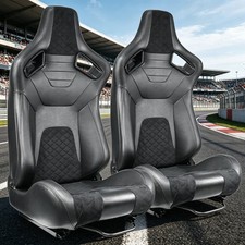 Pair Universal Black Vinyl Adjustable Reclinable Racing Seats W Sliders