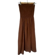 NARY NWOT Brown 100% Linen Strapless Smocked Bodice Midi Dress Women's Medium