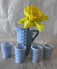 Fenton Mini Pitcher and Cups in Blue Milk Glass Hobnail