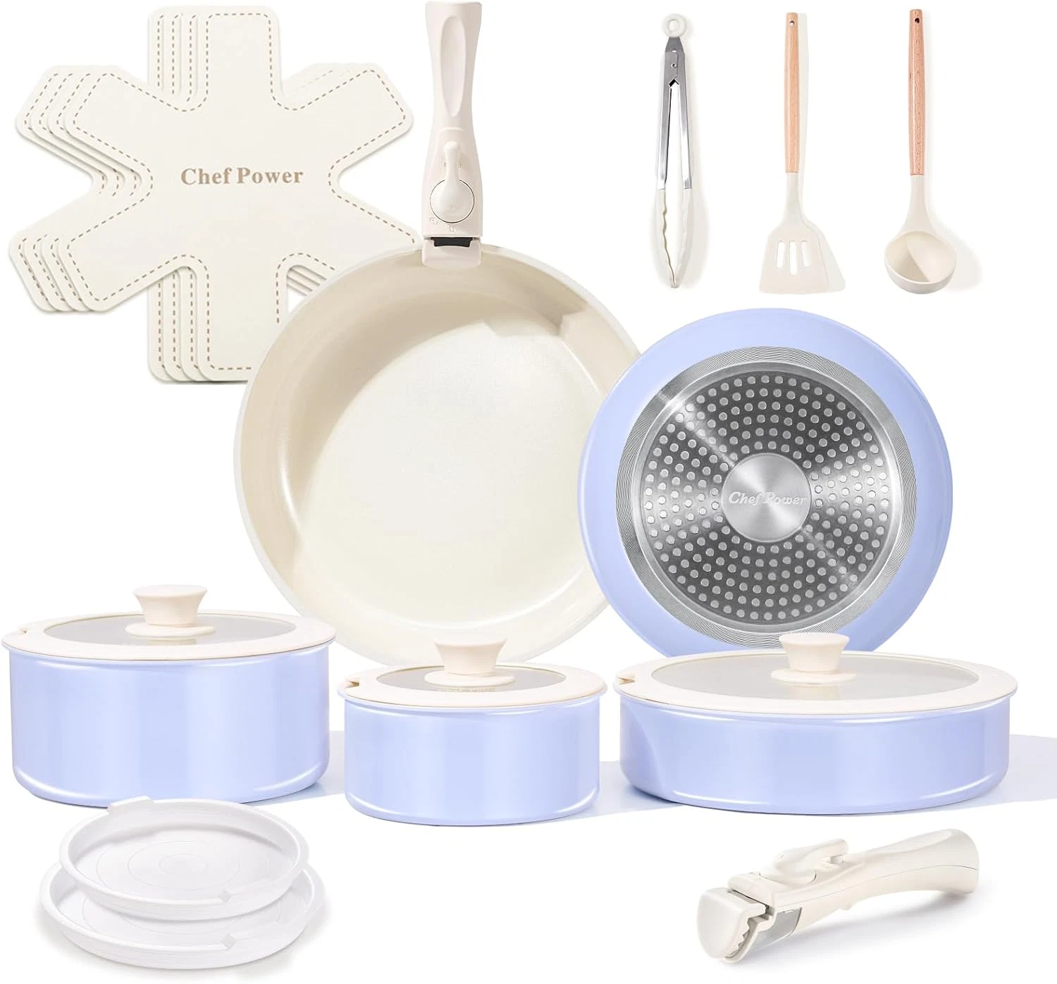 Ceramic Nonstick Pots and Pans Set 19 Piece with Detachable Handle,