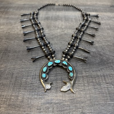 Vtg Navajo Sterling Silver Turquoise Squash Blossom Sandcast Old Pawn Necklace