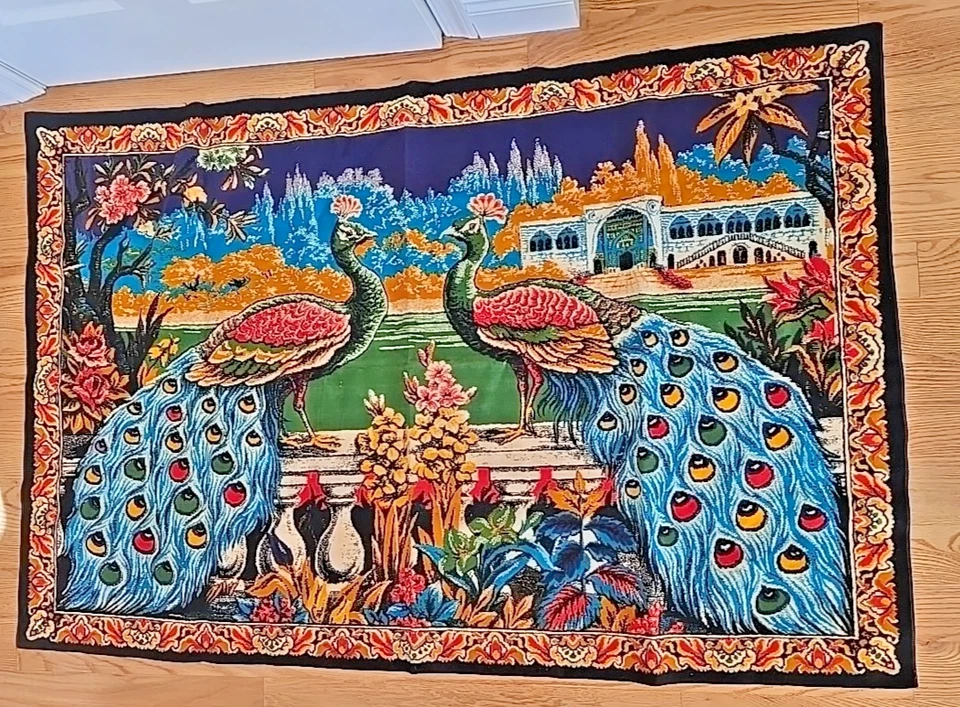 Vtg Wall Hanging Tapestry Double Peacocks Color Cotton Velvet Turkey 38 x 60 in - Image 2 of 4
