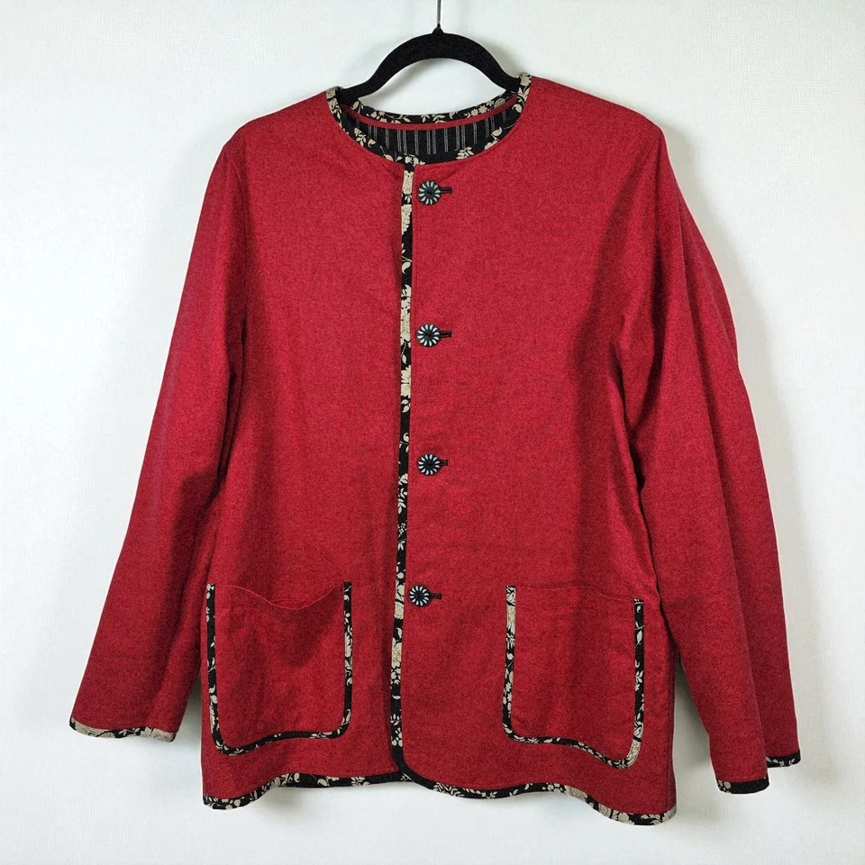 VTG KOOS of course! Reversible Jacket Black Stripe Red Floral Trim Woman Medium - Image 2 of 4