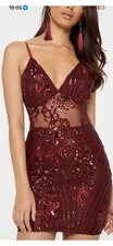 Pretty Little Thing Sequin Sheer Panel Burgundy Bodycon Dress Size 12