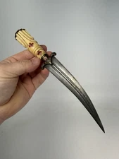 Stunning Antique Early 1900s Mughal Indian Curved Dagger W Carved Inlaid Handle