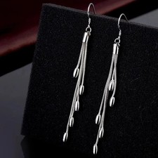 Women's 925 Sterling Silver 95mm Long Tassel Drop Dangle Hook Earrings