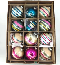 VTG Box 12 Shiny Brite Stencil Mica Stripe Glass Christmas Ornaments 2.75”