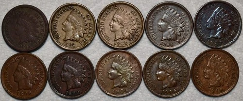 10x XF Indian Head Cent, 1860, 1862, 1864 CN, 1864 BZ, 1887, 1890, 1896 04 05 09
