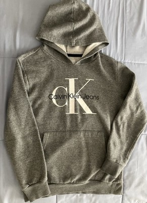 Youth Calvin Klein Grey Hoodie Sweatshirt With Large Logo, Pocket Size 14-16
