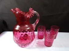 Northwood Cranberry Glass Water Set Coin Dot Thumbprint - Pitcher & 3 Tumblers
