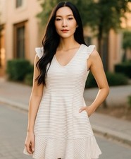 Maeve Anthropologie Women’s Ivory White Striped Dress Ruffles Pockets Size 2