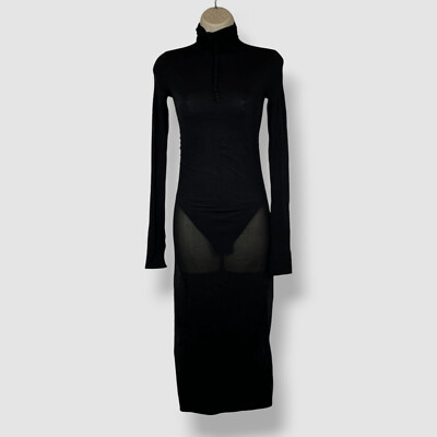 Saint Laurent Women's Black Sheer Turtleneck Bodysuit Long Sleeve Dress Size S