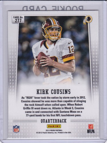 KIRK COUSINS ROOKIE CARD 2012 Prizm Football RC Redskins Minnesota Vikings QB - Picture 2 of 2