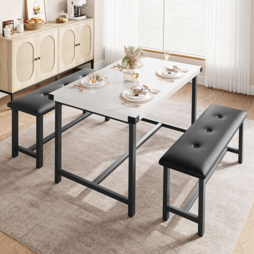 3 piece dining table and chair set kitchen table set with 2 upholstered benches - Picture 3 of 22