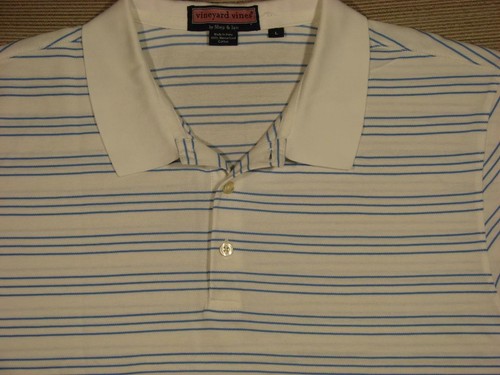 Men's Vineyard Vines S/S Pique Knit Polo Shirt Large L whtie w/ blue stripe - 第 1/2 張圖片