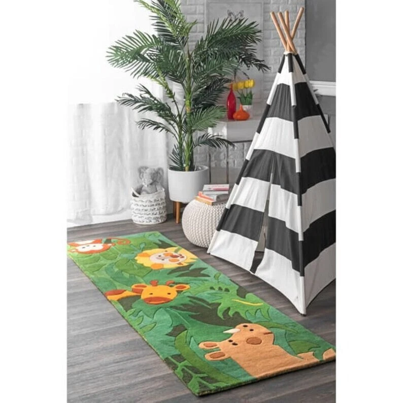 Hand Tufted King of the Jungle Area Rug Cotton Carpet Kids Room Modern - Image 2 of 4