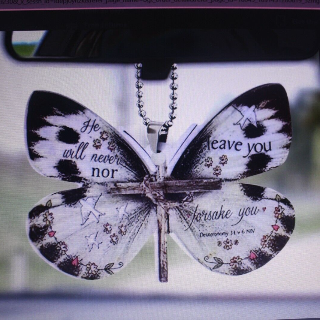 New Butterfly Faith Cross Acrylic Pendant Car RV Mirror, Backback, Purse Charm
