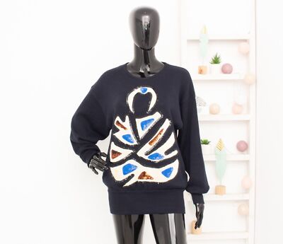 Escada Margaretha Ley Pullover Baumwolle Blau Pailletten Details Oversize...