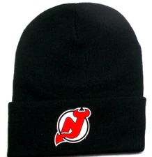 New Jersey Devils flat cotton applique  on Black beanie  cap hat. See details