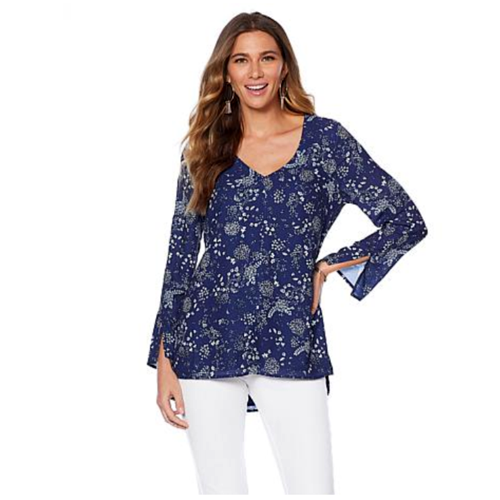 Lysse Women's Slit Sleeve V-Neck Blouse Top, Navy Daisy, Size Large - Picture 1 of 1