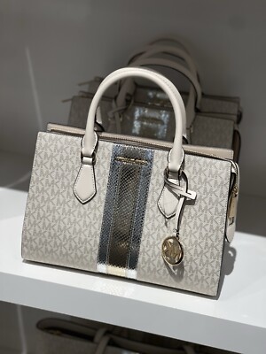 NWT Michael Kors Sheila Medium Signature Logo and Metallic Satchel Pale  Gold