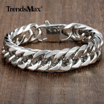 15mm 5.5mm Thick 316L Stainless Steel Curb Cuban Link Rombo Chain Bracelet 8-10''