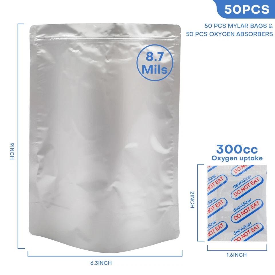 Bolsas de Mylar 50/100 un. 8.7Mil con absorbedores de oxígeno almacenamiento de alimentos resellables de pie Foto 4 de 4