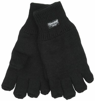 Mens Thermal Thinsulate Knitted Fleece Lined Fingerless Gloves GL131  Black UK