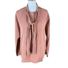 Club Monaco XL Blush Pink Tie Neck Blouse Long Sleeve Minimalist Chic Workwear