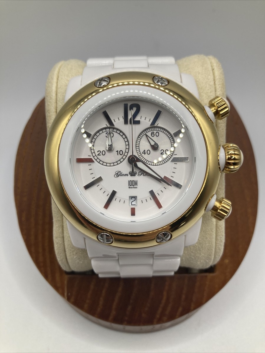 Glam Rock M Beach 46mm Watch White Tone Gold Bezel Date  display picture 1