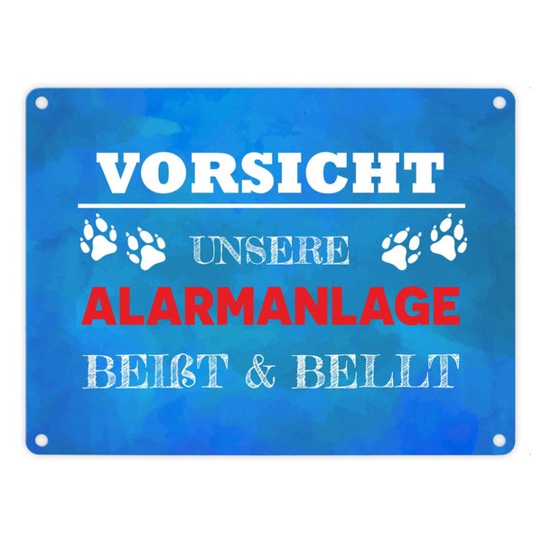 Vorsicht Unsere Alarmanlage BeißT & Bellt Metallschild In 15X20 Cm In Blau-image