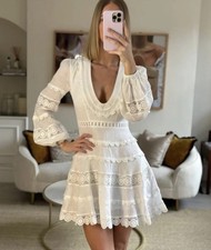 ZIMMERMANN-SIZE 1 (AU 10/US 6)-CASTILLE WHITE LINEN LACE TRIM PLUNGE MINI DRESS
