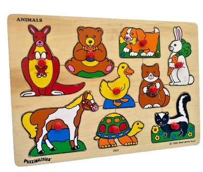 Vintage Wood Peg Puzzle Kangaroo Dog Bear Pony Cat Duck Bunny Skunk Turtle -1996