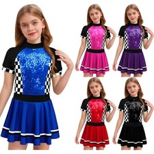 Girls Cheerleading Uniform Shiny Checkerboard Leotard Dress Racing Halloween
