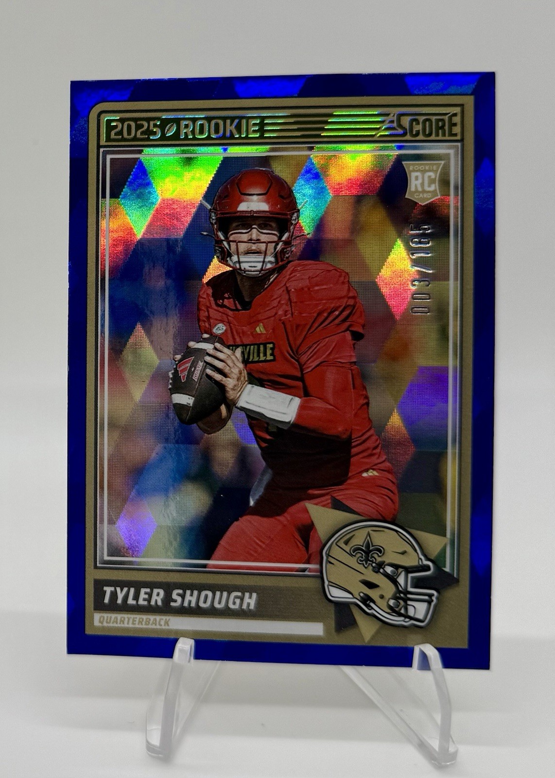 2025 Panini Score Tyler Shough RC Blue Ice /185 Card #71 Rookie Saints