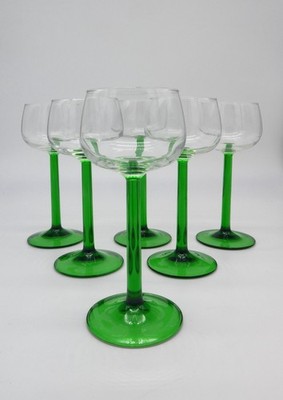 6er Set Vintage Luminarc Frankreich 70er Jahre Gläser, transparent mit grünem Stiel